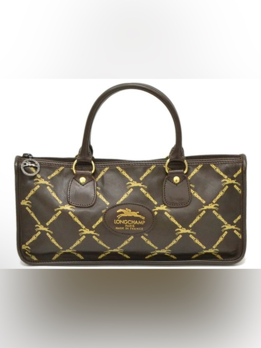 Longchamp Vintage Brown & Gold Equestrian Print Handbag, Rare, NWT, Retail $379
